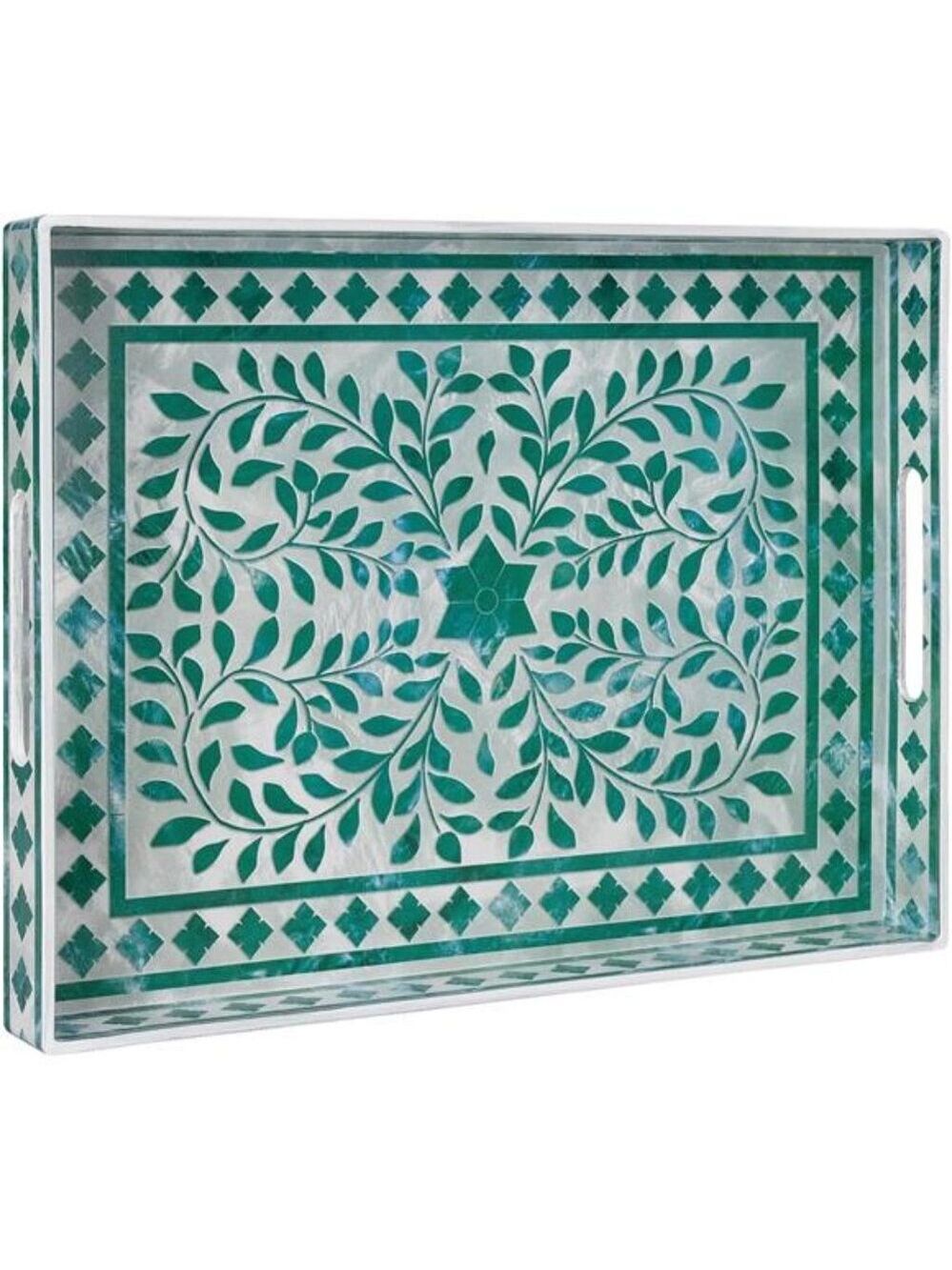 Green Rectangular Serving Tray Decorative Plastic Tray with Handles for Home
